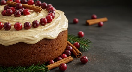 Delicious Christmas Cake Decorated with Frosting, Cranberries, Cinnamon Sticks, and Fresh Pine on Dark Background