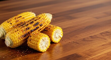 Grilled Corn on Cob with Charred Marks on Wooden Surface, Perfect for Summer Barbecue and Fresh Recipes