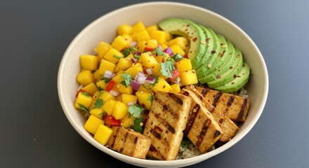 Healthy and Colorful Mango Avocado Bowl with Grilled Tofu and Fresh Vegetables
