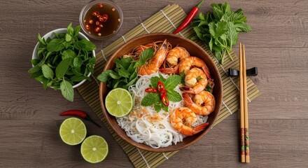 Fresh Shrimp Rice Noodle Bowl with Herbs, Chili, and Lime on Wooden Surface
