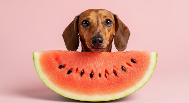 Playful Dachshund with Refreshing Watermelon A Cute Summer Treat for Your Furry Friend - Capturing Canine Joy and Seasonal Freshness