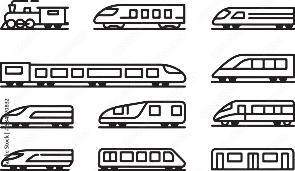 Poster collection of stylized linear icons representing different types of trains and locomotives isolated 