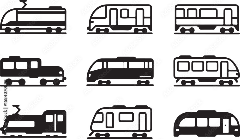 Poster collection of nine distinct black and white train icons representing various types of trains isolate