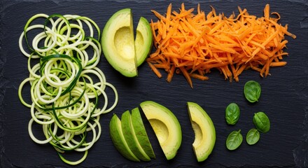 Freshly Sliced Vegetables on Dark Background for Healthy Meal Preparation and Cooking