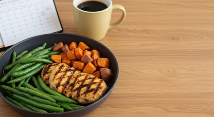 Grilled Chicken Breast with Sweet Potatoes and Green Beans Served with Coffee on a Wooden Table