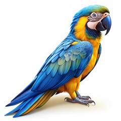Naklejka premium Vibrant blue and yellow macaw, a colorful tropical parrot, isolated on white with its distinctive beak and feathers