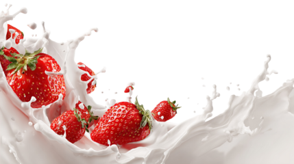 milk or yogurt splash with strawberries isolated on white background