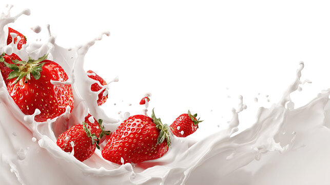 milk or yogurt splash with strawberries isolated on white background