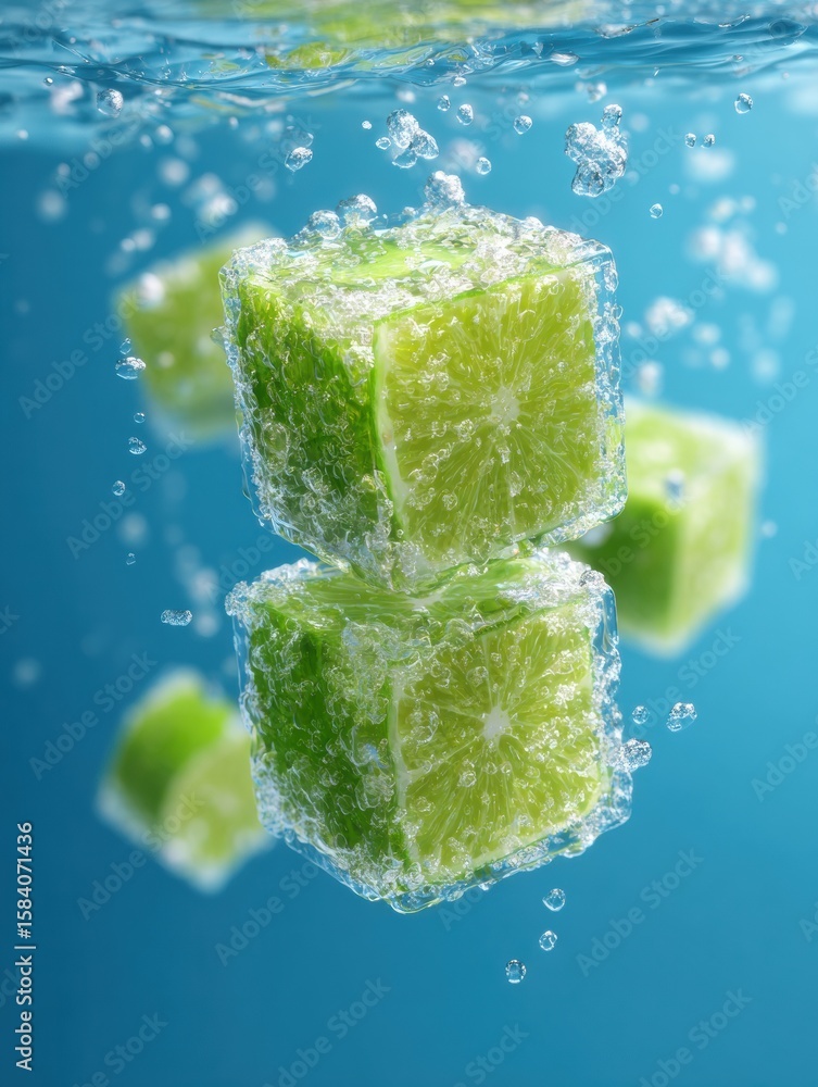 Poster floating lime cubes create a refreshing visual in clean water surrounded by bubbles and a vibrant ba