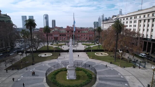 Aerial view of Plaza de Mayo, May pyramid and Casa Rosada, in Buenos Aires, Argentina. The Casa Rosada is the seat of the executive power and place of work of the president.