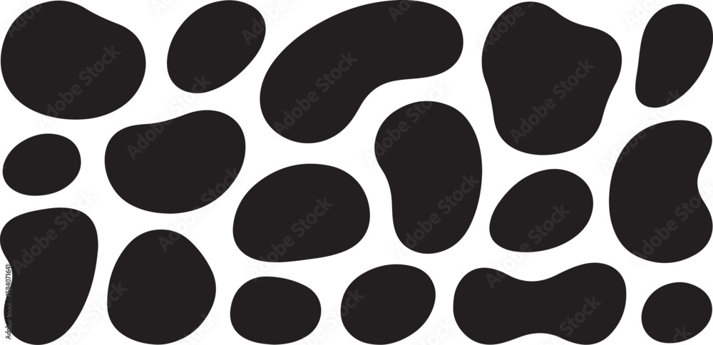 Poster collection of organic black blobs and irregular shapes scattered across a white background isolated 