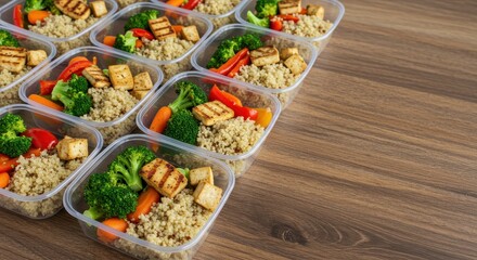 Healthy Meal Prep Containers with Quinoa, Grilled Tofu, and Fresh Vegetables on Wooden Table