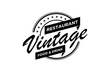 Vintage restaurant logo design featuring food and drink. Rounded shape circle with stars element.