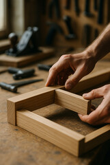Carpenter Assembling Wooden Frame Joint in Workshop with Tools Background