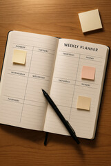 Open Notebook with Weekly Schedule and Sticky Notes on Wooden Desk Top View
