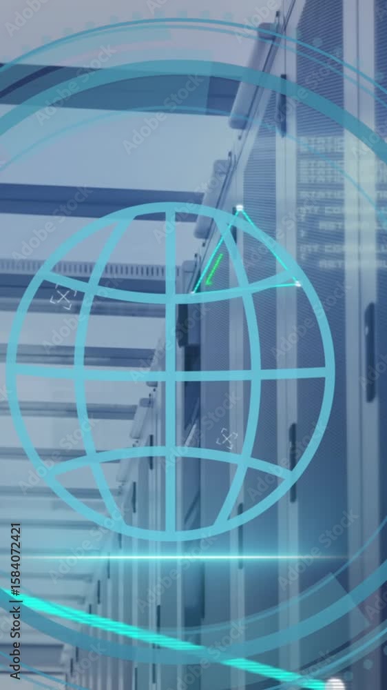 Poster animation of cyber security text, data processing, web globe icon scanning against server room