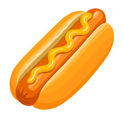 Colorful Vector Illustration of Hot Dog with Mustard Sauce in Bun for Fast Food and Snack Design Projects