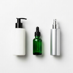 Minimalist Skincare Bottles White Pump Green Dropper and Silver Spray.