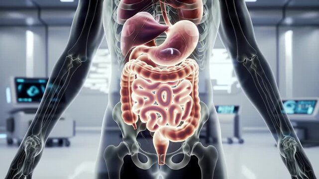 Detailed 3D Animation of Human Digestive System Featuring Stomach and Intestines Set Against Futuristic Laboratory Backdrop