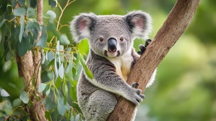 Obraz premium Gray koala clinging to a tree branch.
