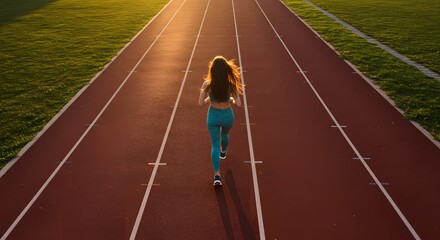 Woman running on a red track during golden hour, viewed from behind, showing her back and long hair.