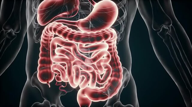 Glowing Red Outlined Human Digestive System Including Stomach and Intestines on Dark Background Perfect for Medical Visualization and Educational Content