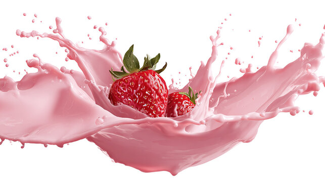 milk or yogurt splash with strawberries isolated on white background