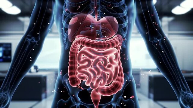 Glowing Translucent Human Torso Showing Red Digestive System Medical 3D Animation