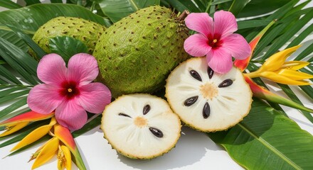 Fresh and Exotic Soursop Fruit Displayed with Vibrant Tropical Flowers and Lush Green Leaves on White Background
