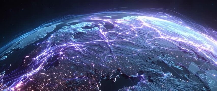 Anamorphic video Ai Neural Networks Covering Planet Illustration. Global Digital Grid Growing Over Earth Looped Net 3d Animation.