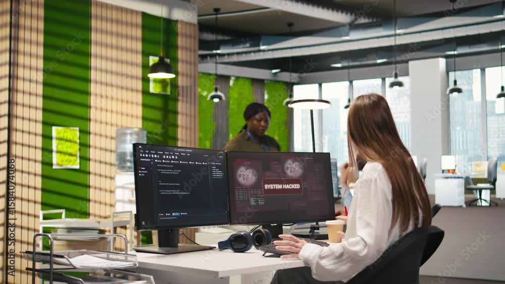 Poster young programmer in office requests help from it experts detecting and blocking hacker intrusion. in