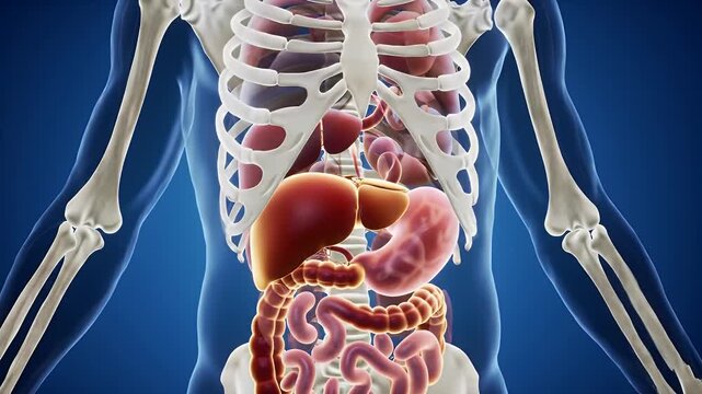 Luminous Front View Medical Illustration Displaying Human Anatomy with Skeleton and Internal Organs on a Blue Background