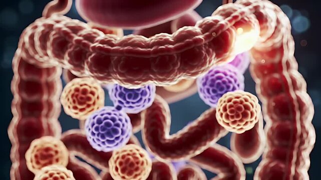 Macro View of the Human Digestive System Featuring the Colon Intestines and Microbiota Against a Dark Blue Background with Orange Red and Purple Spherical Microorganisms