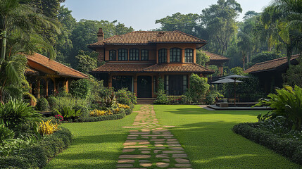 Fototapeta premium Beautiful house with tiled roof surrounded by lush green garden and tropical plants, featuring stone pathway leading to entrance and shaded outdoor seating area