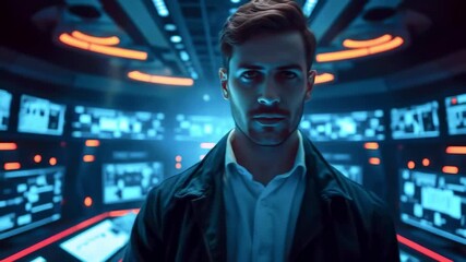 A focused man stands in a high-tech control room with glowing screens displaying data analytics - Powered by Adobe
