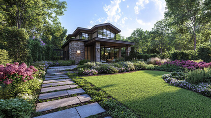 Modern house with stone facade surrounded by lush garden and colorful flowers, stone pathway leads through vibrant green lawn under bright blue sky with soft clouds