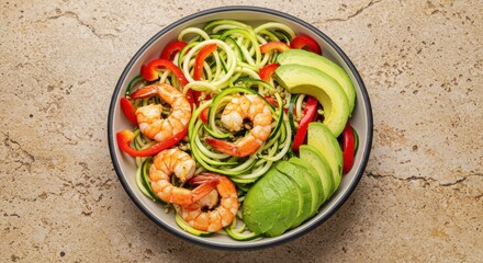 Fresh Shrimp and Avocado Zucchini Noodle Salad with Red Bell Pepper on a Textured Beige Surface
