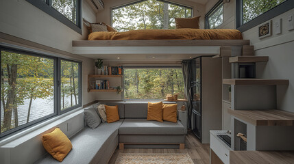 Modern tiny house interior with gray couch and mustard pillows under loft bed, large windows showing forest and lake view, wooden stairs and shelves, cozy natural light