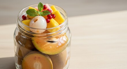 Freshly Cut Tropical Fruits in a Clear Glass Jar with Green Mint Leaves and Red Pomegranate Seeds Beautifully Arranged Awaiting Enjoyment