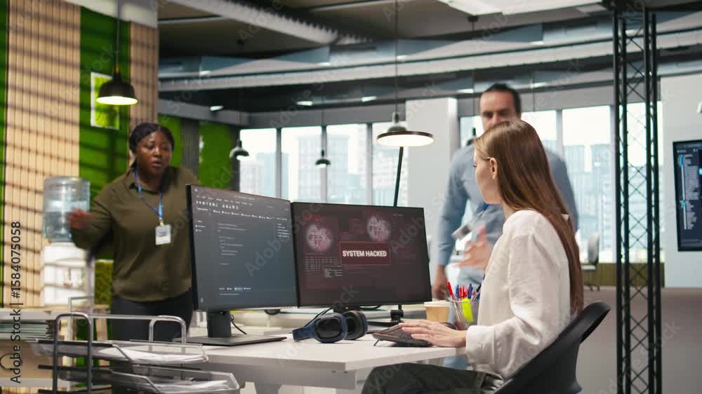 Poster young inexperienced developer in office requests help from team to fix hacking attempt on corporate 