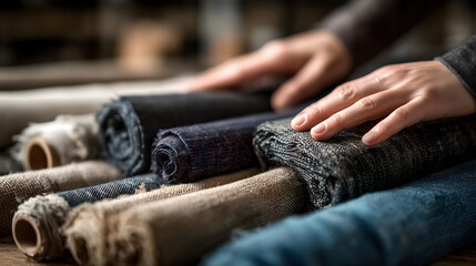 Close-up of hands feeling textile textures	Close-up shot of hands touching different textured fabrics.
