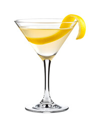 Elegant martini glass filled with a refreshing, yellow cocktail, garnished with a lemon twist isolated on transparent background.