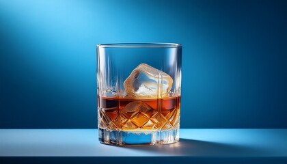 whisky glass with ice resting on a blue background creates a soothing and elegant atmosphere in a cozy setting
