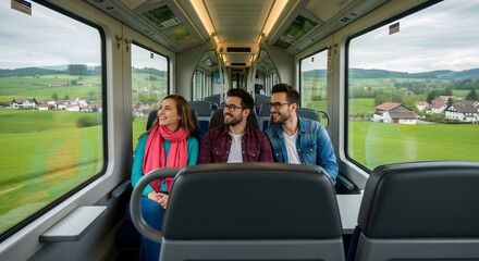 A happy group of friends, two males and one female, enjoys a scenic train ride, looking out at the beautiful green countryside