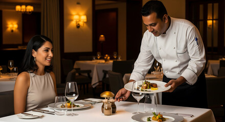A chef, appearing professional, attentively serves a meticulously plated dish to a smiling young adult female diner in a fine dining restaurant