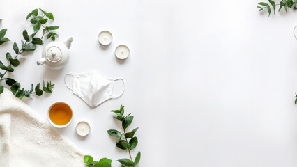 White Self-Care Flatlay with Cozy Night Tea, Candles, and Face Mask – Wellness and Relaxation Concept