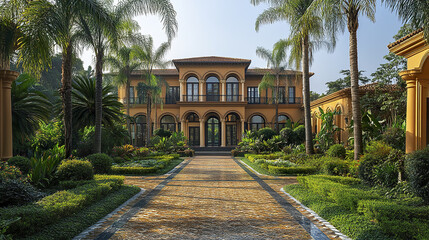 Fototapeta premium Luxury residential house with perfectly kept front garden and palm trees under clear sky, showcasing elegant architecture and lush greenery in serene environment
