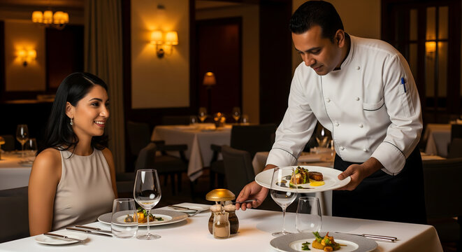 A chef, appearing professional, attentively serves a meticulously plated dish to a smiling young adult female diner in a fine dining restaurant