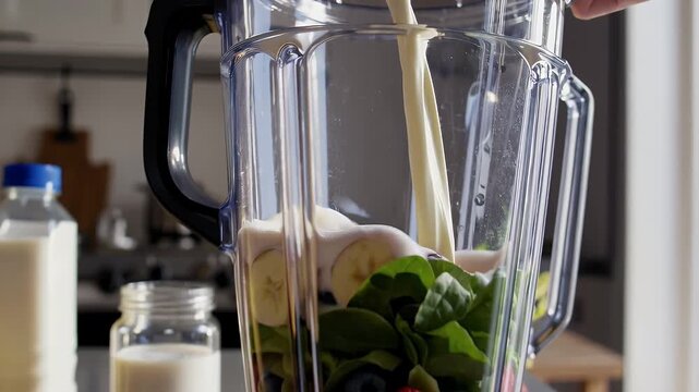 close up in a home kitchen as fresh fruits and vegetables are blended into a smoothie creating a vibrant and nutritious drink for healthy lifestyle and wellness themed content