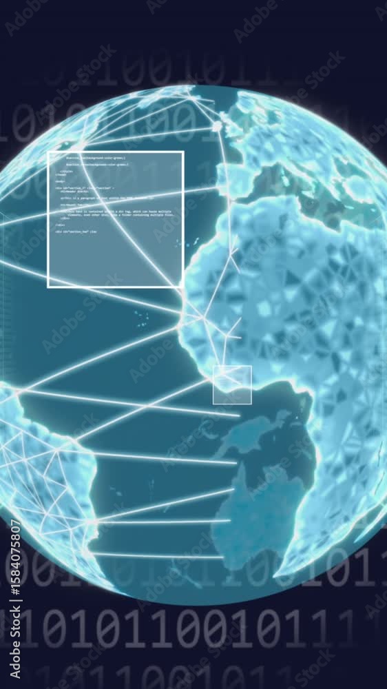 Poster animation of globe, binary codes and computer language and data server racks over black background